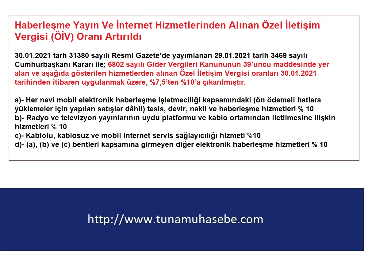 Haberleşme Yayın Ve İnternet Hizmetlerinden Alınan Özel İletişim Vergisi (ÖİV) Oranı Artırıldı