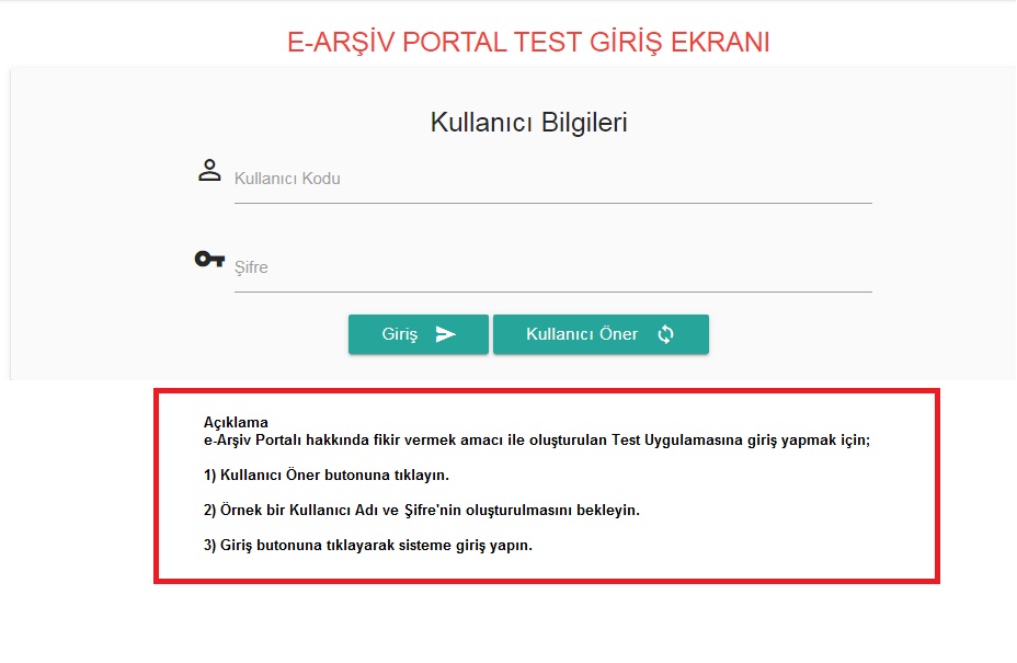 E-ARŞİV PORTAL TEST GİRİŞ EKRANI