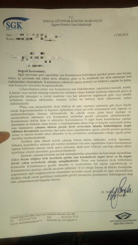 SGK DAN İŞVERENE UYARI YAZISI.