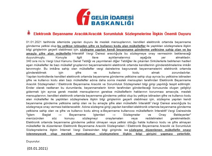 Elektronik Beyanname Aracılık/Aracılık Sorumluluk Sözleşmelerine İlişkin Önemli Duyuru Yayınlandı. 03.01.2020